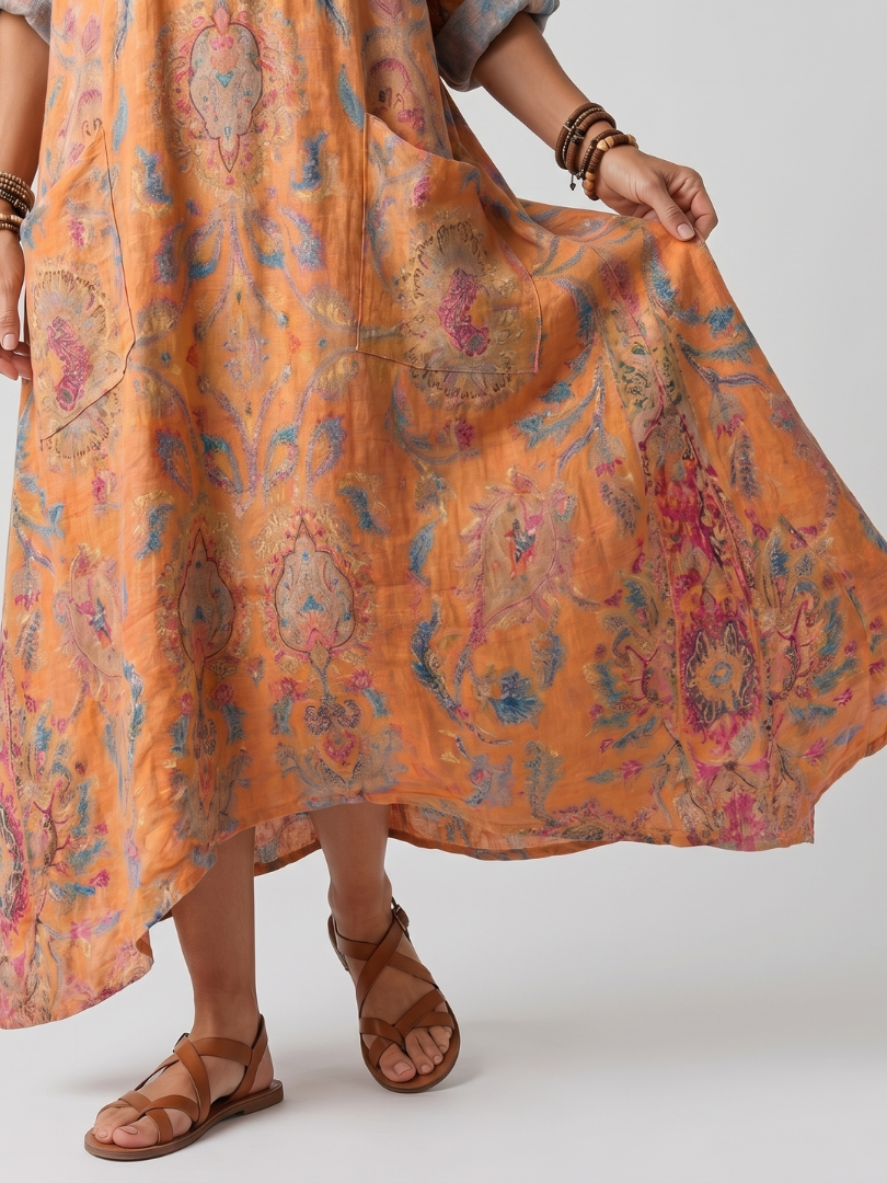 Athalie — Orange Paisley-Print Relaxed Midi Dress with Pockets and Notch Neck