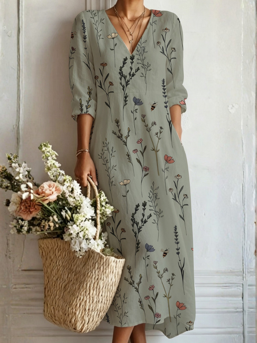 Anaya — Sage Wildflower V-Neck Boho Maxi Dress