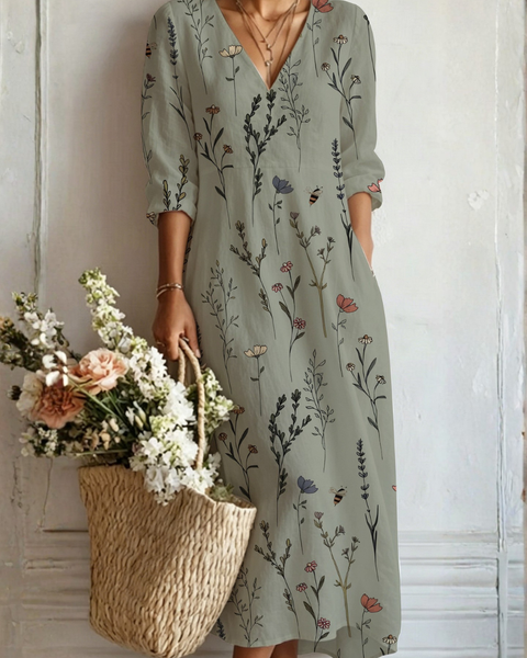 Anaya — Sage Wildflower V-Neck Boho Maxi Dress