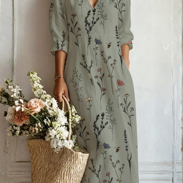 Anaya — Sage Wildflower V-Neck Boho Maxi Dress