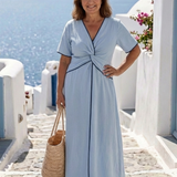 Gaetana — Sky Blue Twist-Front Midi Dress with V-Neck and Short Sleeves
