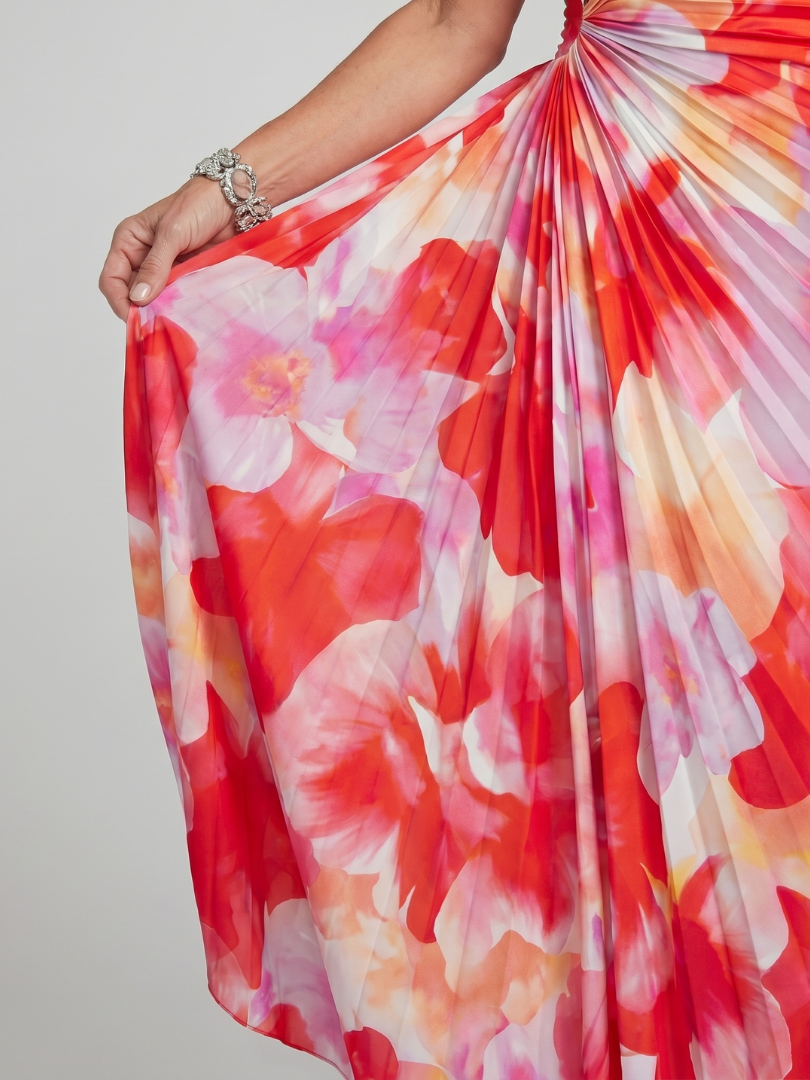 Brynja — Red Floral One-Shoulder Midi Dress with Pleated Bodice