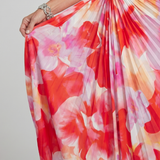 Brynja — Red Floral One-Shoulder Midi Dress with Pleated Bodice