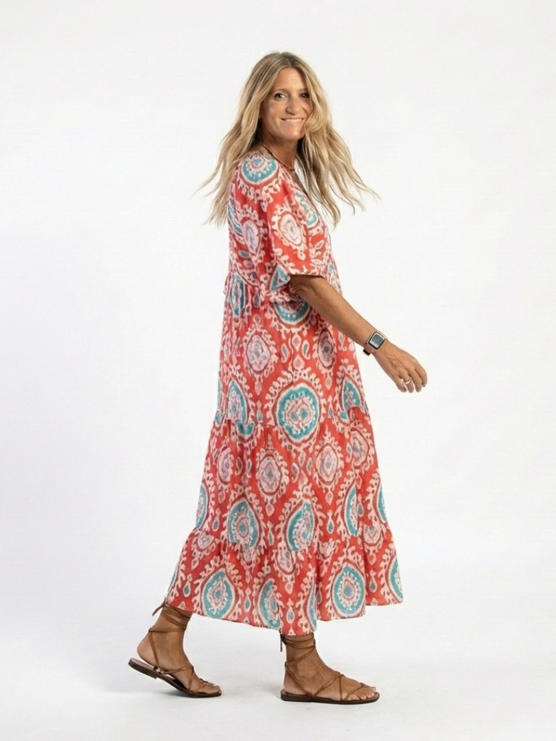 Isolina — Red Medallion-Print Tiered Maxi Dress with Short Sleeves