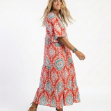 Isolina — Red Medallion-Print Tiered Maxi Dress with Short Sleeves