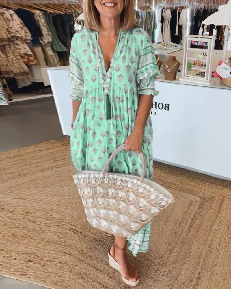 Wilmette — Printed V-Neck Maxi Dress with Tassel Tie and Fringe Hem