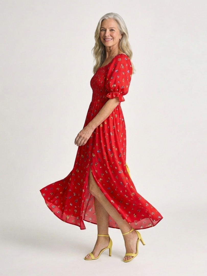 Jorid — Red Square-Neck Maxi Dress with Puff Sleeves and Front Slit