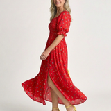 Jorid — Red Square-Neck Maxi Dress with Puff Sleeves and Front Slit