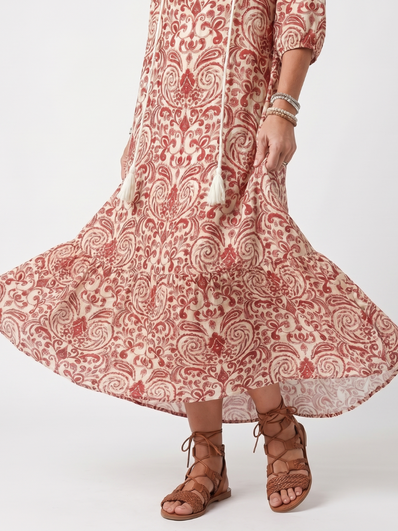 Marzena — Red and Cream Ornate-Print Tassel-Tie Maxi Dress