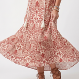 Marzena — Red and Cream Ornate-Print Tassel-Tie Maxi Dress