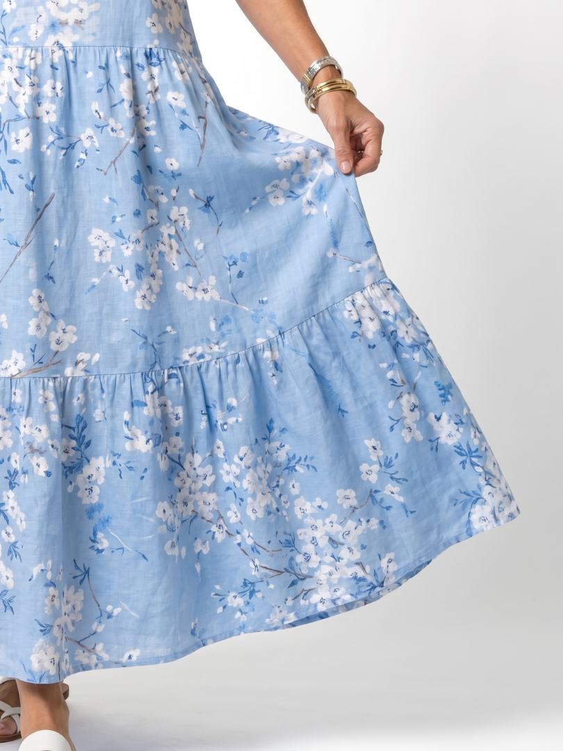 Jarmila — Blue Floral Tiered Maxi Dress with Tassel Ties and Short Sleeves