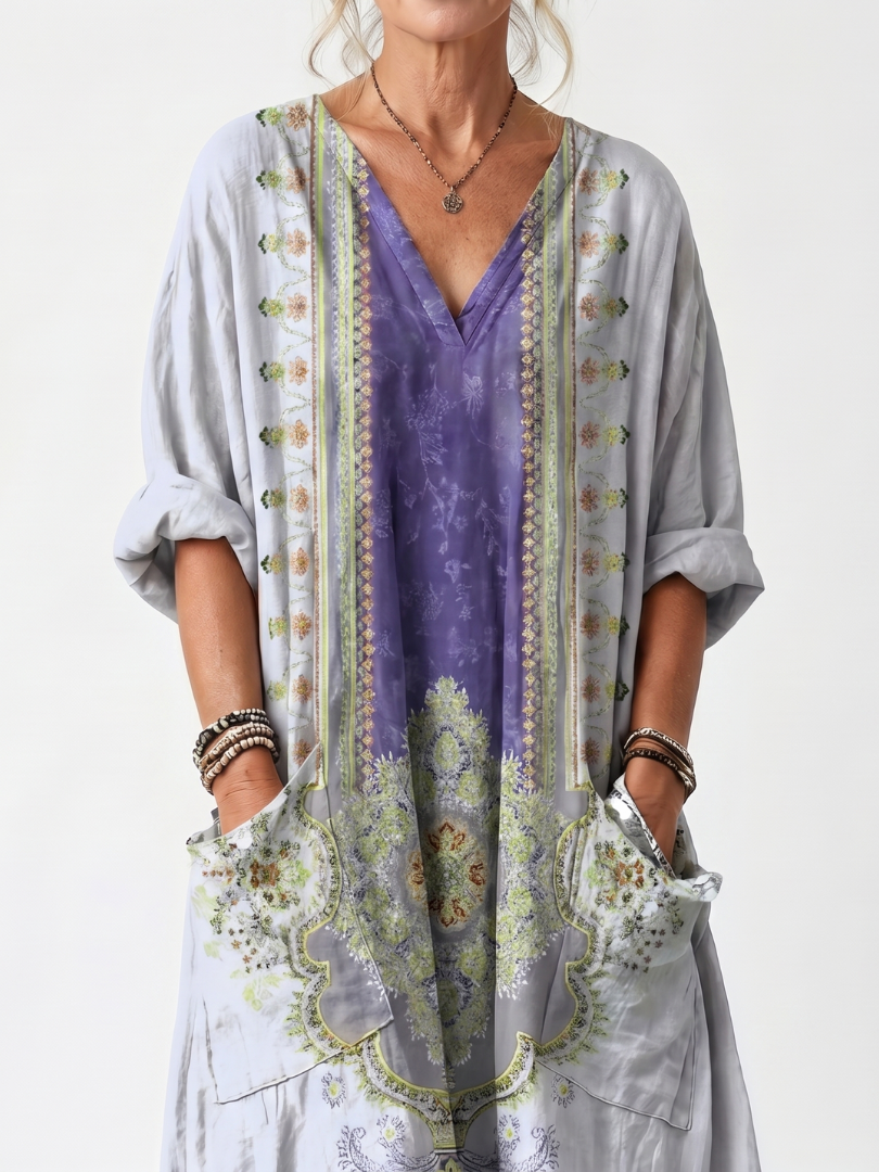 Bodil — Grey Contrast-Panel Relaxed Midi Dress with Embroidered Detail and Pockets