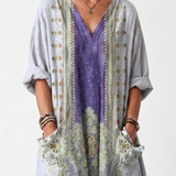 Bodil — Grey Contrast-Panel Relaxed Midi Dress with Embroidered Detail and Pockets