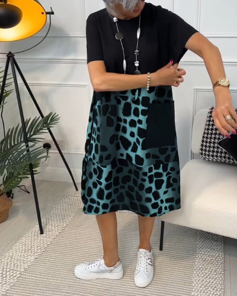 Sigrid — Colour-Block Leopard-Print Midi Dress with Pockets