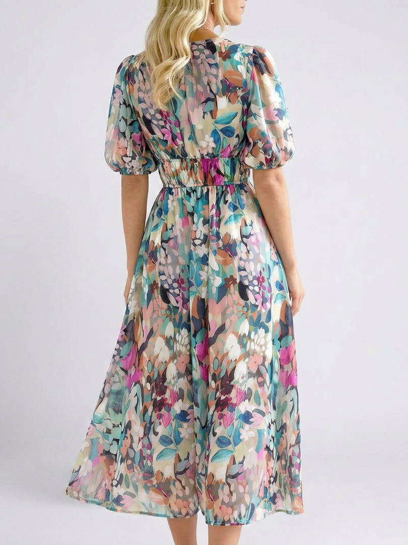 Amalberga — Multicolour Floral V-Neck Midi Dress with Puff Sleeves and Gathered Waist
