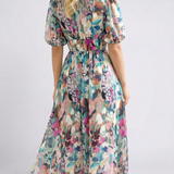 Amalberga — Multicolour Floral V-Neck Midi Dress with Puff Sleeves and Gathered Waist