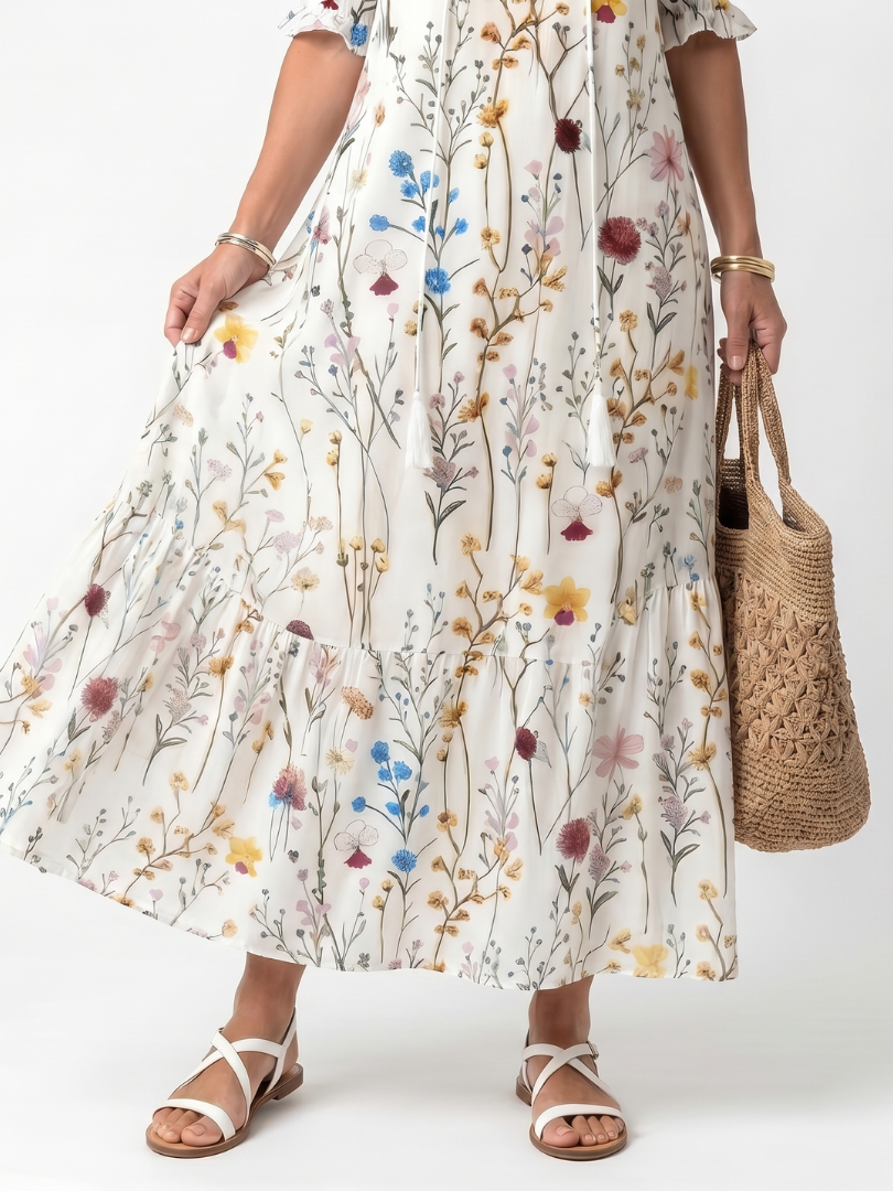 Halldis — Ivory Wildflower-Print Tiered Maxi Dress with Tassel Ties
