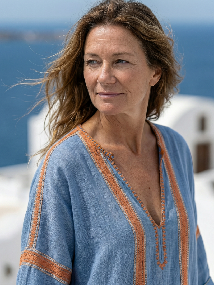 Meliana — Blue Kaftan Midi Dress with V-Neck and Orange Trim