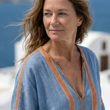 Meliana — Blue Kaftan Midi Dress with V-Neck and Orange Trim