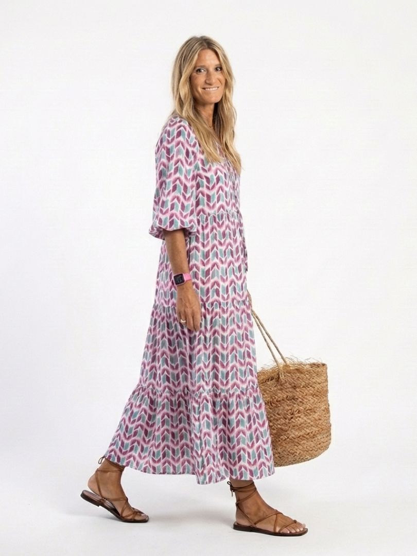 Leofrun — Lilac Chevron-Print Tiered Maxi Dress with Balloon Sleeves