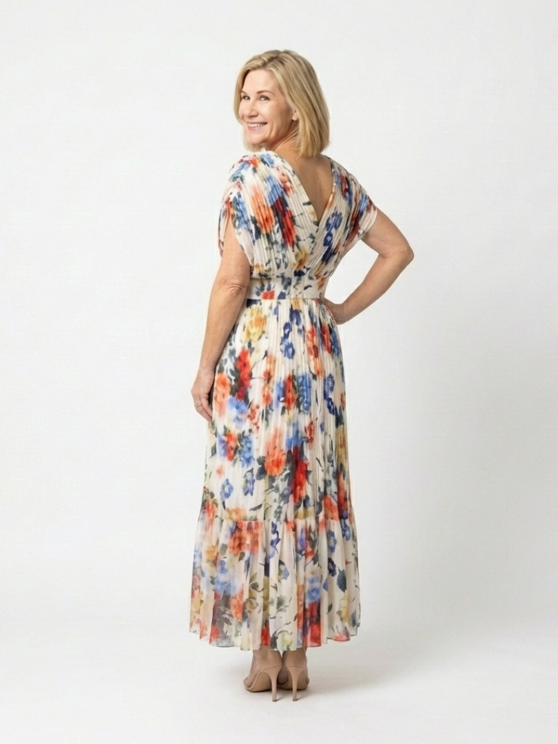 Radka — Multicolour Floral V-Neck Midi Dress with Flutter Sleeves