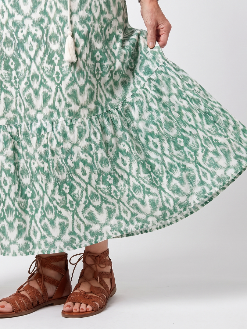 Petronel — Sage Green Ikat-Print Tassel-Tie Maxi Dress with Tiered Skirt