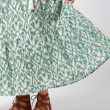 Petronel — Sage Green Ikat-Print Tassel-Tie Maxi Dress with Tiered Skirt