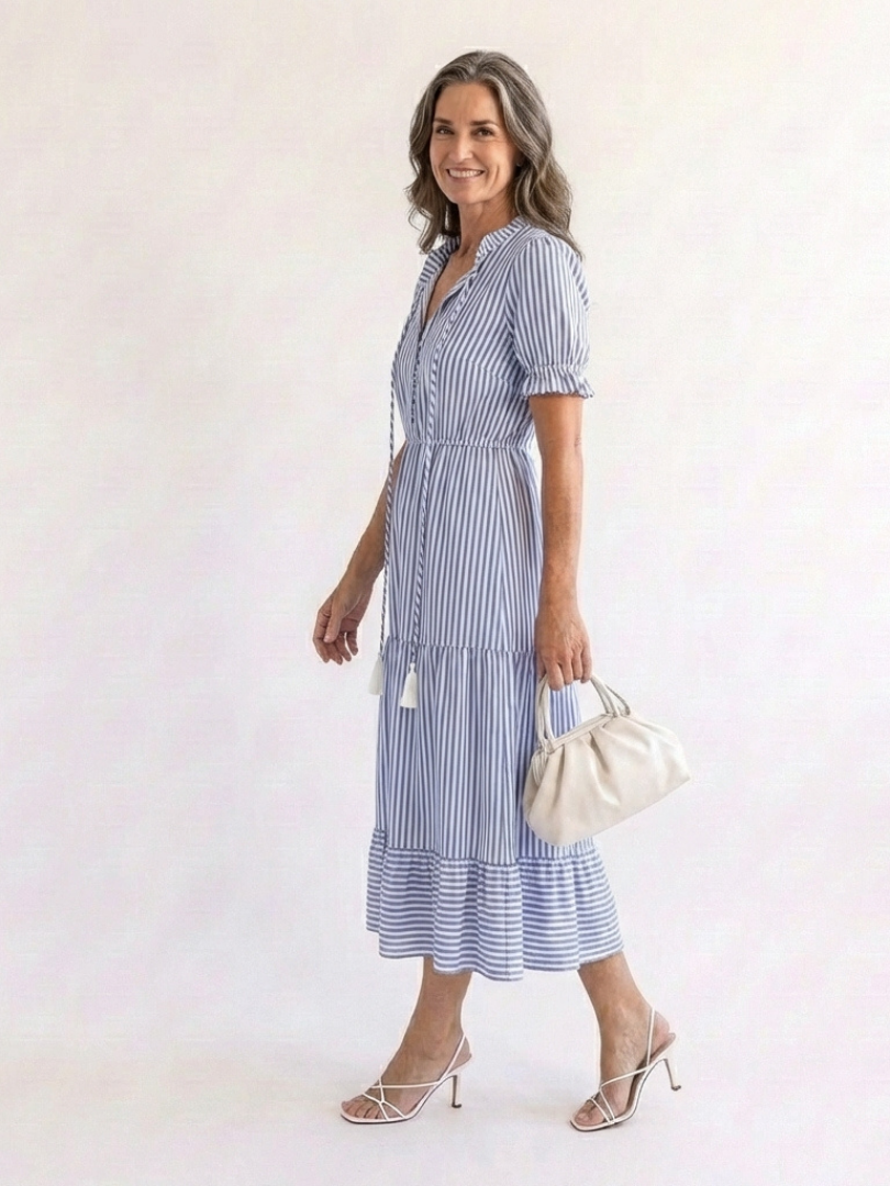 Juta — Periwinkle Blue V-Neck Tiered Midi Dress with Tassel Ties