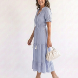 Juta — Periwinkle Blue V-Neck Tiered Midi Dress with Tassel Ties