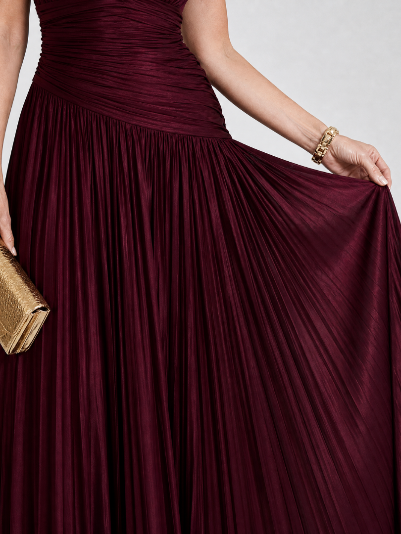 Olimpia — Burgundy Pleated V-Neck Midi Dress with Gathered Waist