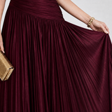 Olimpia — Burgundy Pleated V-Neck Midi Dress with Gathered Waist