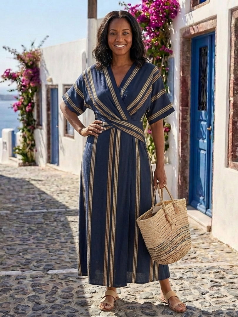 Evelien — Navy Striped Wrap Midi Dress with V-Neck and Short Sleeves