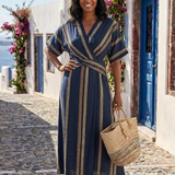 Evelien — Navy Striped Wrap Midi Dress with V-Neck and Short Sleeves
