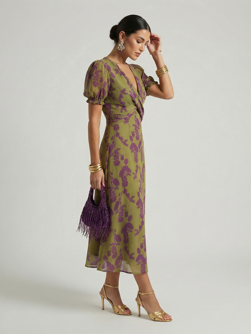 Cynara — Floral Wrap-Front Midi Dress with Puff Sleeves