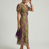 Cynara — Floral Wrap-Front Midi Dress with Puff Sleeves