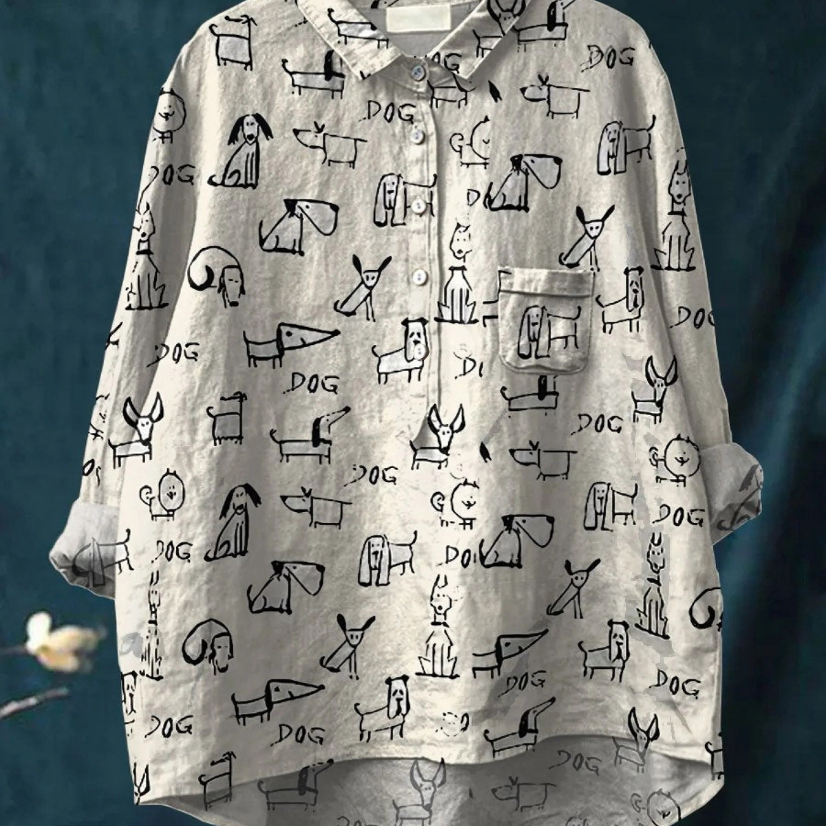 Mylene — Line-Art Dogs Print Button-Up Blouse