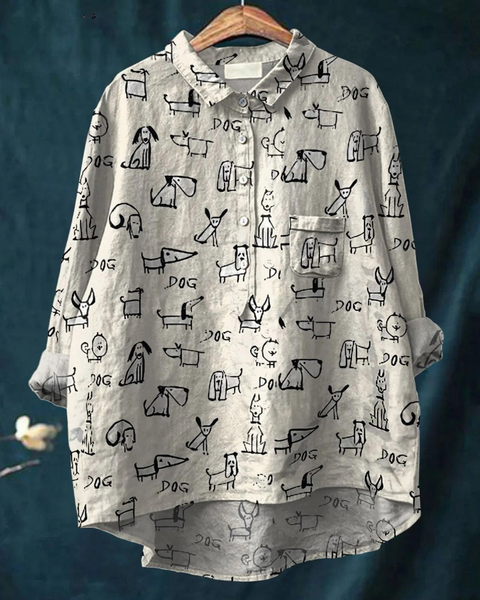 Mylene — Line-Art Dogs Print Button-Up Blouse