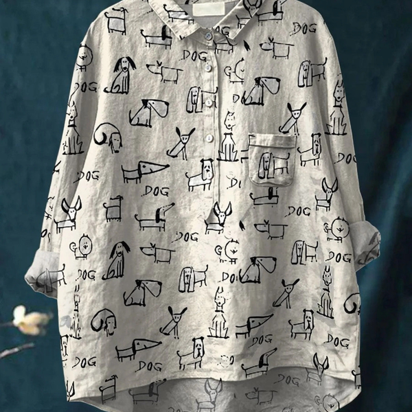 Mylene — Line-Art Dogs Print Button-Up Blouse