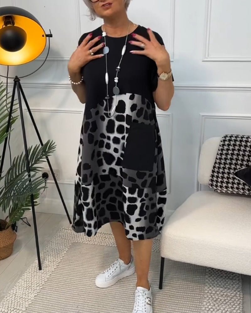 Sigrid — Colour-Block Leopard-Print Midi Dress with Pockets
