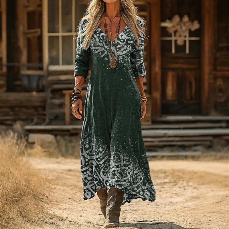 Perpetua — Dark Green Lace-Print Boho Maxi Dress