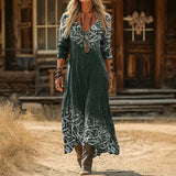 Perpetua — Dark Green Lace-Print Boho Maxi Dress