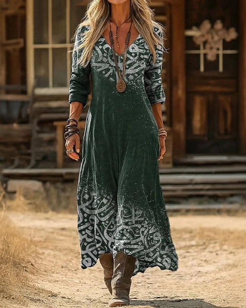 Perpetua — Dark Green Lace-Print Boho Maxi Dress