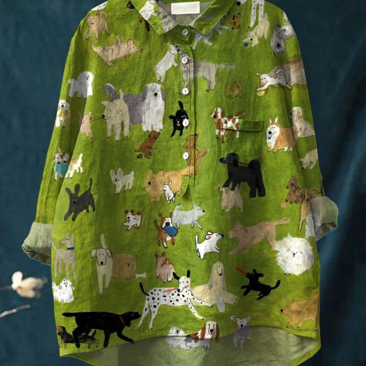 Arminda — Green Scattered Dogs Print Button-Up Blouse