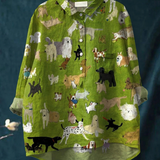 Arminda — Green Scattered Dogs Print Button-Up Blouse