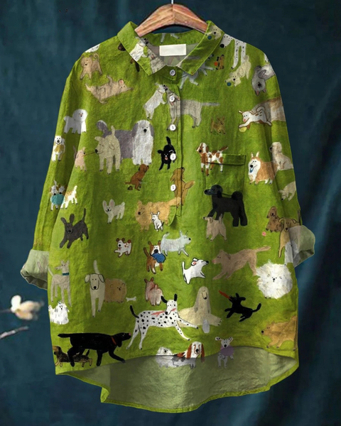 Arminda — Green Scattered Dogs Print Button-Up Blouse