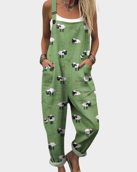 Lexie — Green Sheep Print Overalls