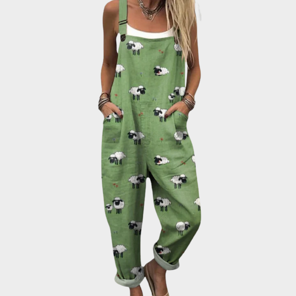 Lexie — Green Sheep Print Overalls