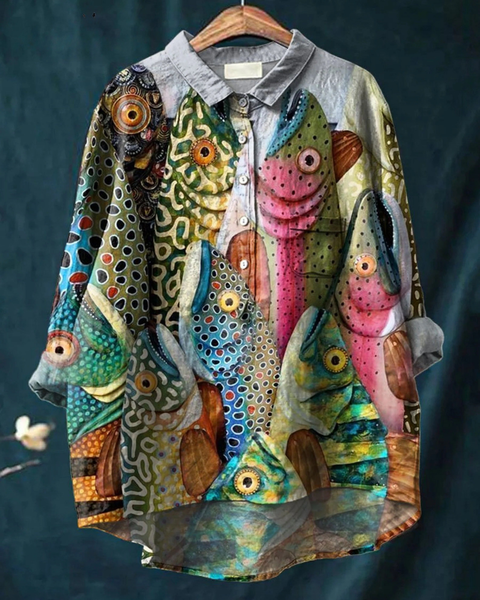Marjolein — Colourful Fish Print Button-Up Blouse