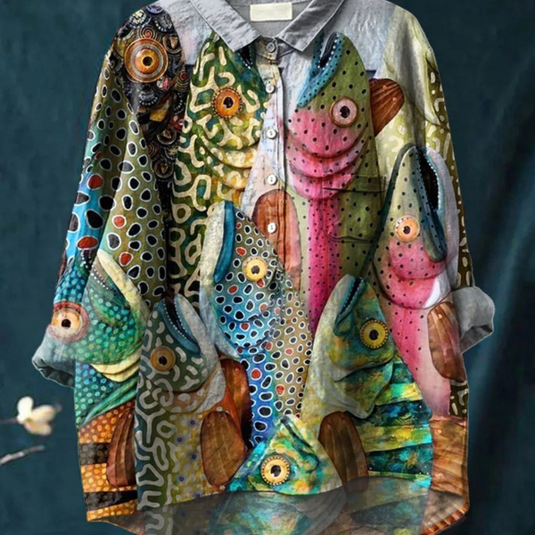 Marjolein — Colourful Fish Print Button-Up Blouse