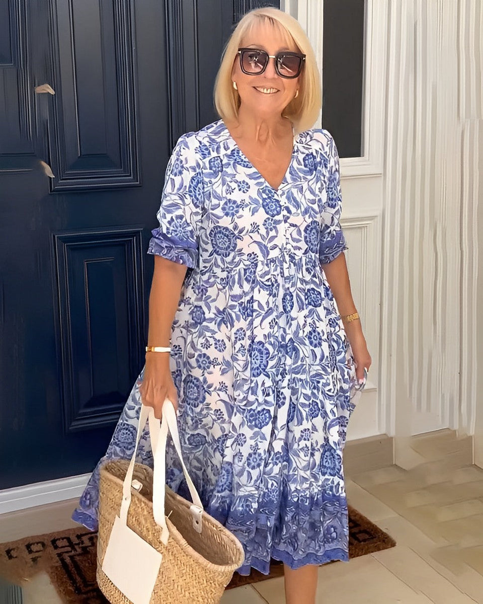 Belinda — Floral V-Neck Tiered Midi Dress